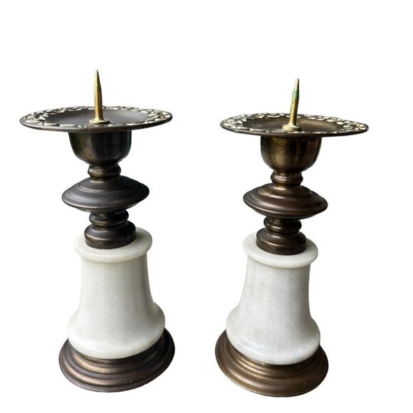 Candle Sticks Holders Brass Marble Ornate Pillar Taper 7"‎ MCM VTG Set Of 2 - Picture 4 of 9